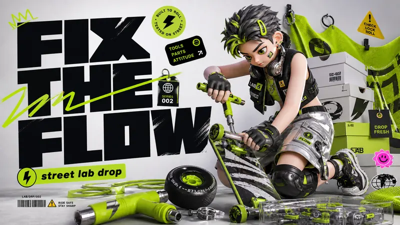 Acid Lime 3D Streetwear Type Poster Style — example: Skate Repair Pop Up