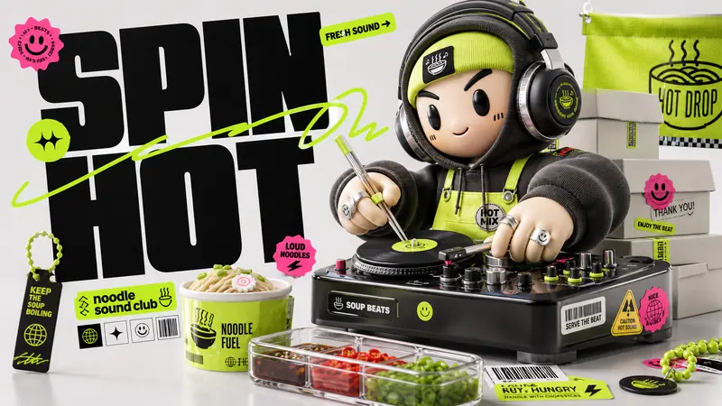 Acid Lime 3D Streetwear Type Poster Style — example: Vinyl Noodle Dj