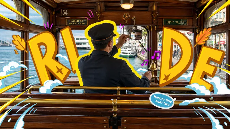 Backseat Transit Doodle Letter Poster Style — example: Harbor Tram Ride