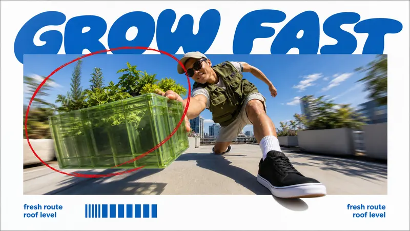 Blue Bubble Fisheye Action Poster Style — example: Rooftop Plant Delivery