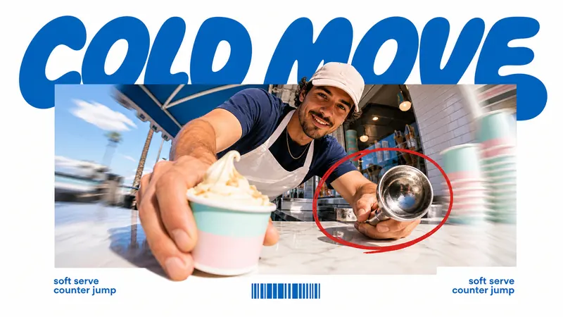 Blue Bubble Fisheye Action Poster Style — example: Gelato Counter Flip