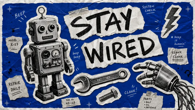 Blue Halftone Ransom Zine Poster Style — example: Tin Robot Repair