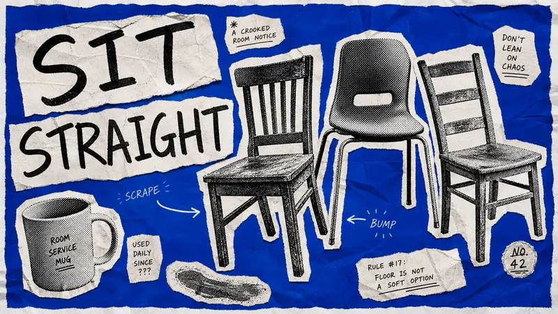 Blue Halftone Ransom Zine Poster Style — example: Chair Stack Notice