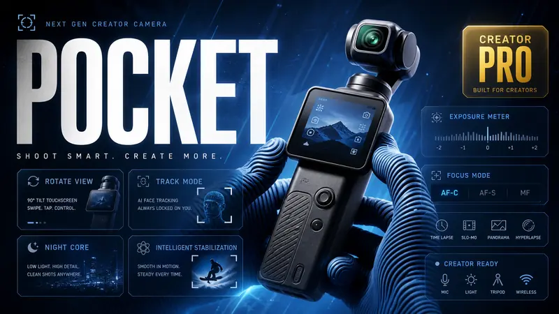 Blue HUD Macro Creator Tech Poster — example: Pocket Creator Camera