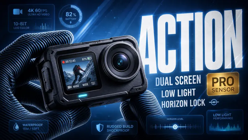 Blue HUD Macro Creator Tech Poster — example: Action 5 Pro Class Camera