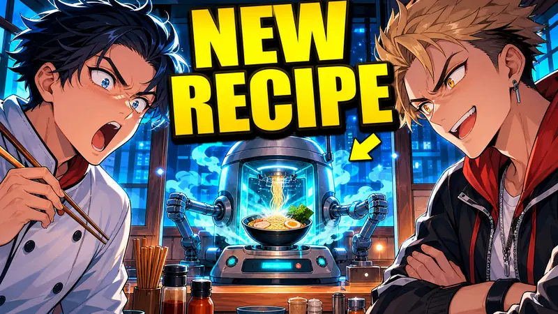 Bold Anime Reaction Thumbnail Style — example: Midnight Ramen Upgrade