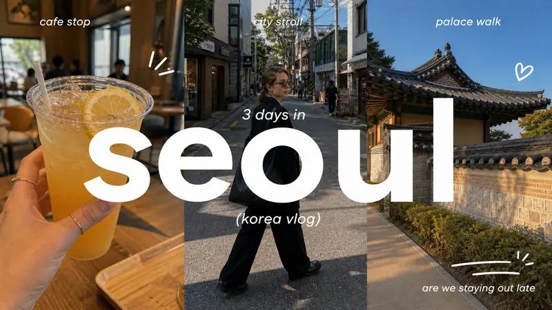 Clean Triptych Travel Vlog Thumbnail Style — example: Seoul Cafe Route
