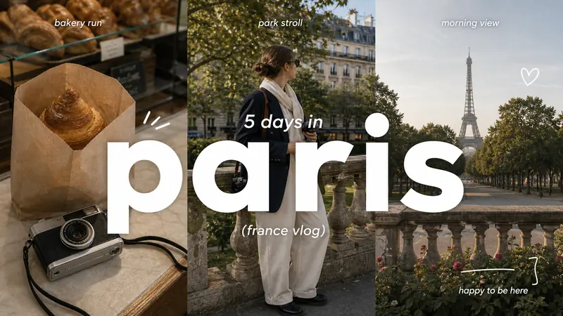 Clean Triptych Travel Vlog Thumbnail Style — example: Paris Park Morning