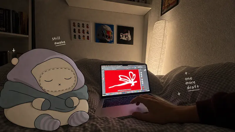 Cozy Bedroom Doodle Companion Snapshot Style — example: Midnight Laptop Sketch Buddy