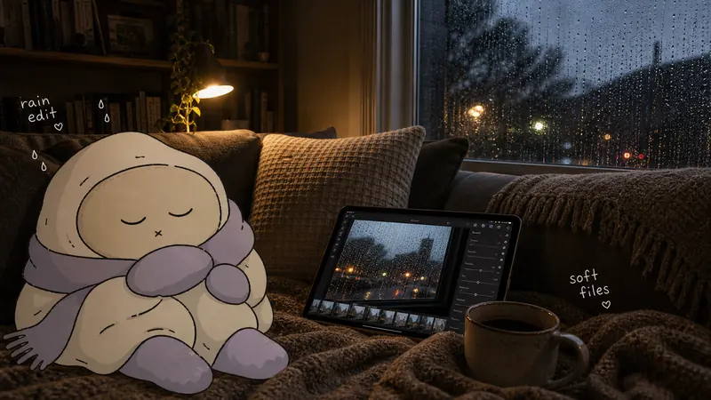 Cozy Bedroom Doodle Companion Snapshot Style — example: Rainy Couch Editing Night
