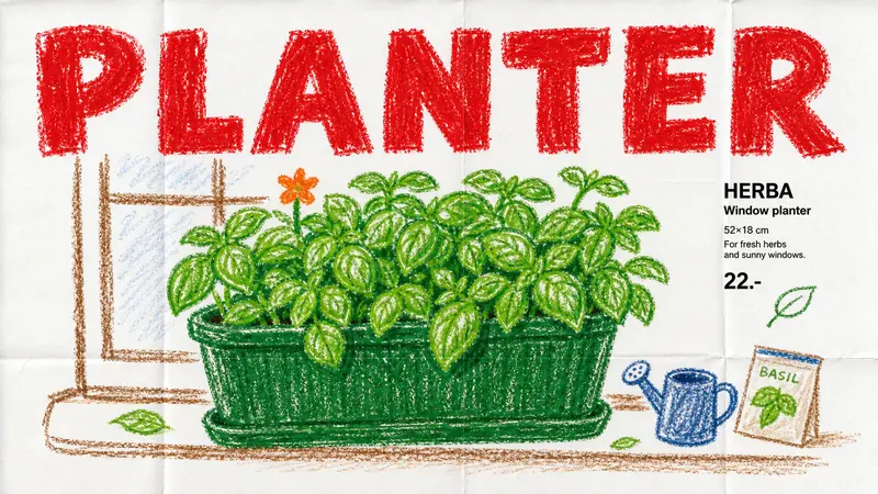 Crayon Catalog Doodle Poster Style — example: Sunny Window Planter