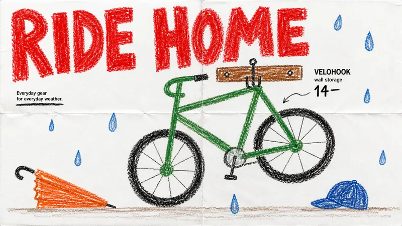 Crayon Catalog Doodle Poster Style — example: Rainy Bicycle Hook