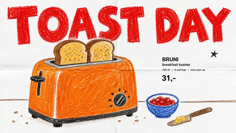 Crayon Catalog Doodle Poster Style — example: Breakfast Toaster Smile