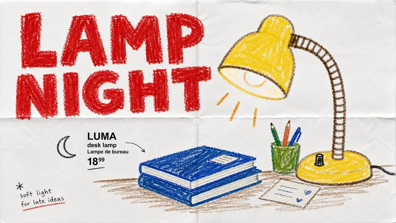 Crayon Catalog Doodle Poster Style — example: Moon Desk Lamp