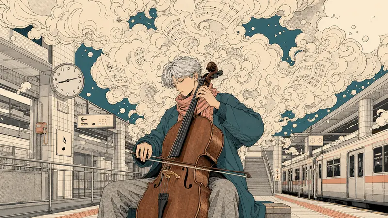 Cream Smoke City Manga Poster Style — example: Subway Cellist