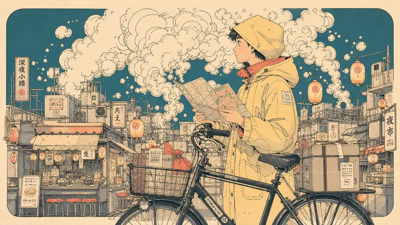 Cream Smoke City Manga Poster Style — example: Night Market Courier