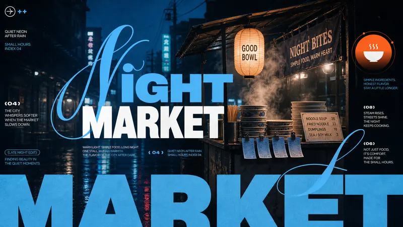 Dusk Cyan Layered Type Poster Style — example: Night Market Neon