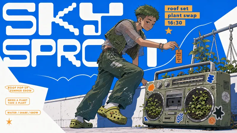 Electric Blue Cutout Manga Poster Style — example: Rooftop Gardener Radio