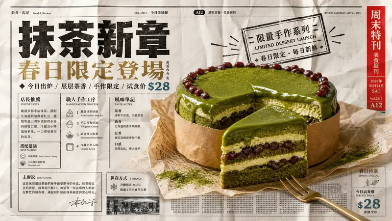 Folded Newspaper Product Ad Style — example: Matcha Tea Cake