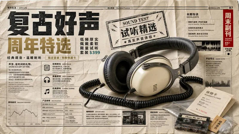 Folded Newspaper Product Ad Style — example: Retro Headphones