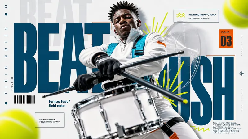 Ice Cyan Megatype Action Poster Style — example: Drummer Impact Hit