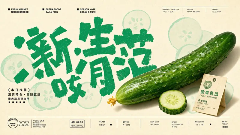 Jade Glyph Grocer Collage Poster Style — example: Crisp Cucumber Plaza