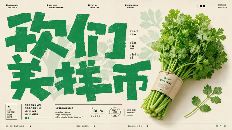 Jade Glyph Grocer Collage Poster Style — example: Fresh Herb Bundle Note