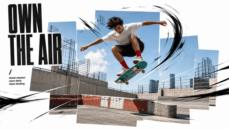 Kinetic Editorial Photo Collage — example: Rooftop Skate Launch