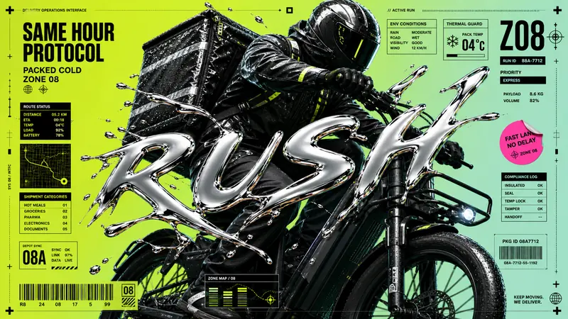 Liquid Chrome Clearance Poster Style — example: Rain Courier Drop