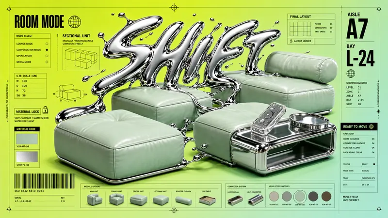 Liquid Chrome Clearance Poster Style — example: Modular Sofa Reboot