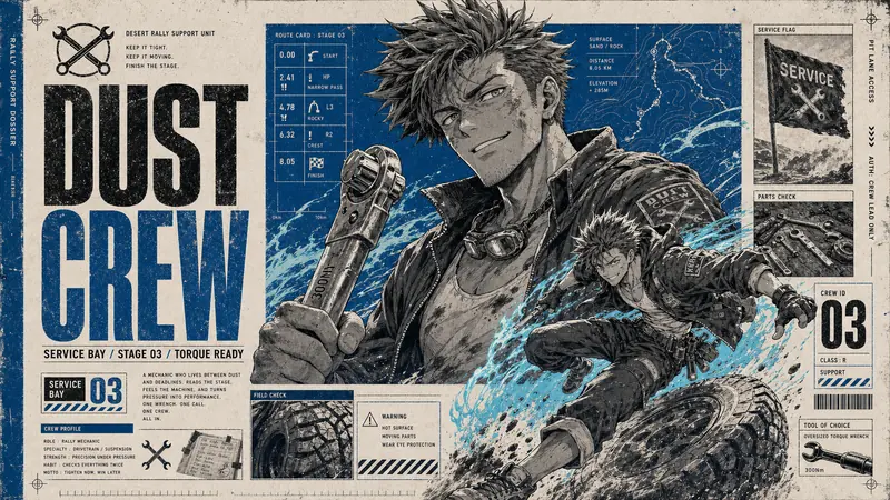 Manga Dossier Blueprint Poster — example: Rally Mechanic