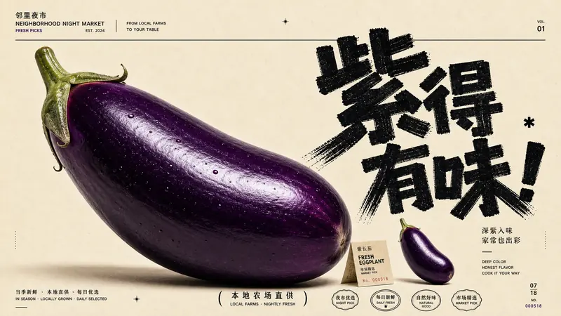 Market Brush Produce Poster Style — example: Eggplant Night Market