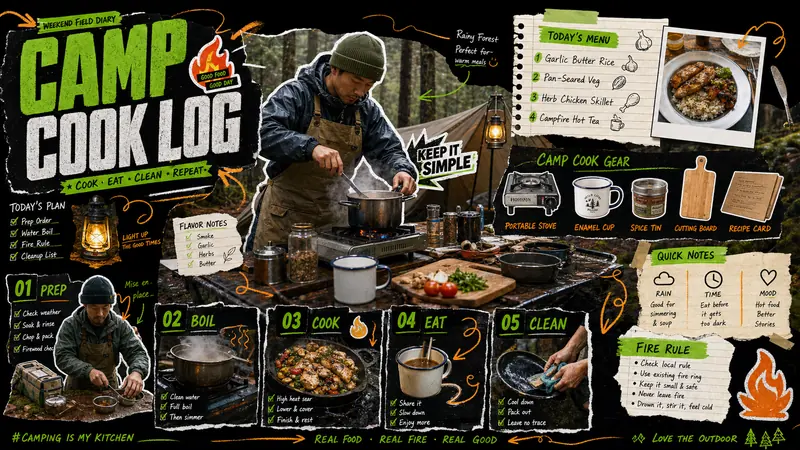 Neon Outdoor Diary Longform Collage Style — example: Forest Camp Cookbook Log