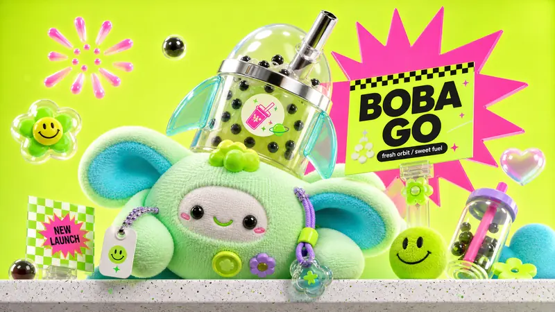 Neon Plush Gadget Pop 3D Style — example: Bubble Tea Rocket Kiosk