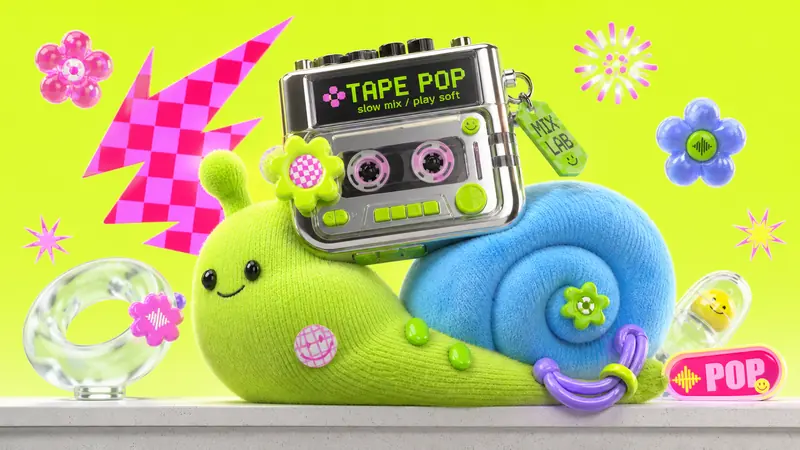 Neon Plush Gadget Pop 3D Style — example: Cassette Snail Music Lab