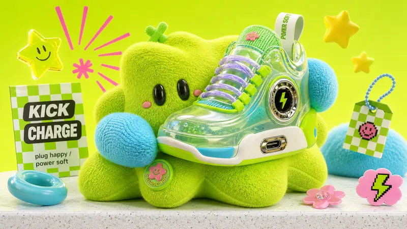 Neon Plush Gadget Pop 3D Style — example: Melon Sneaker Charge Station