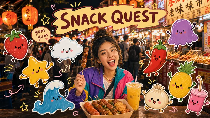 Playful Mascot Doodle Snapshot Style — example: Night Market Snack Quest