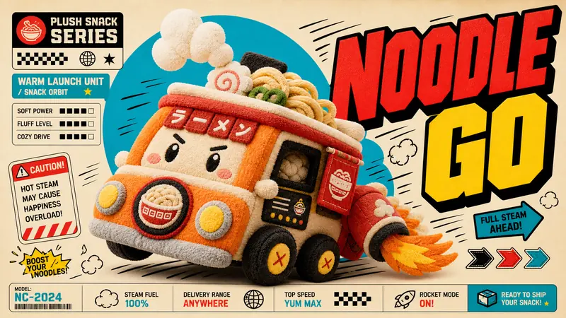 Plush Comic Toy Product Poster Style — example: Ramen Rocket Cart