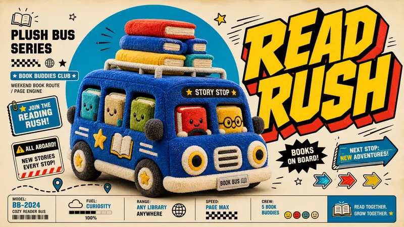 Plush Comic Toy Product Poster Style — example: Bookstore Mini Bus