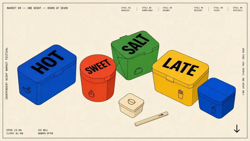 Primary Block Isometric Editorial Poster Style — example: Night Market Food Boxes