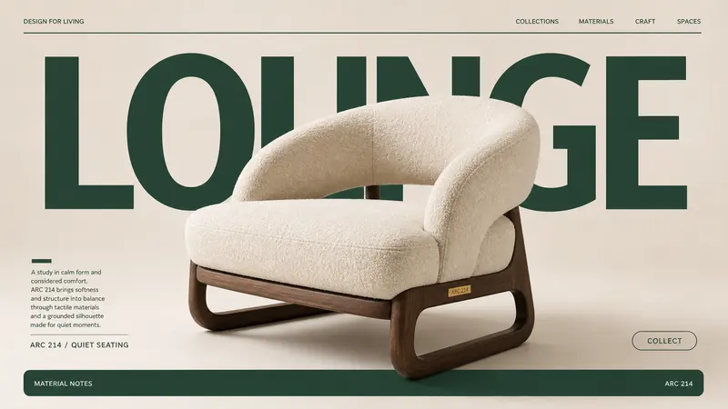 Quiet Luxury Furniture Nameplate Poster Style — example: Low Arc Lounge Chair