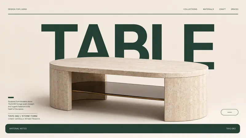 Quiet Luxury Furniture Nameplate Poster Style — example: Travertine Oval Coffee Table