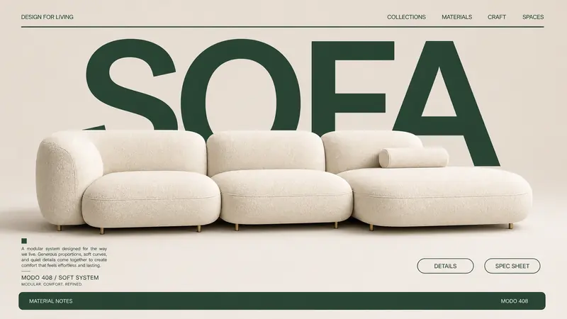 Quiet Luxury Furniture Nameplate Poster Style — example: Modular Cloud Sofa