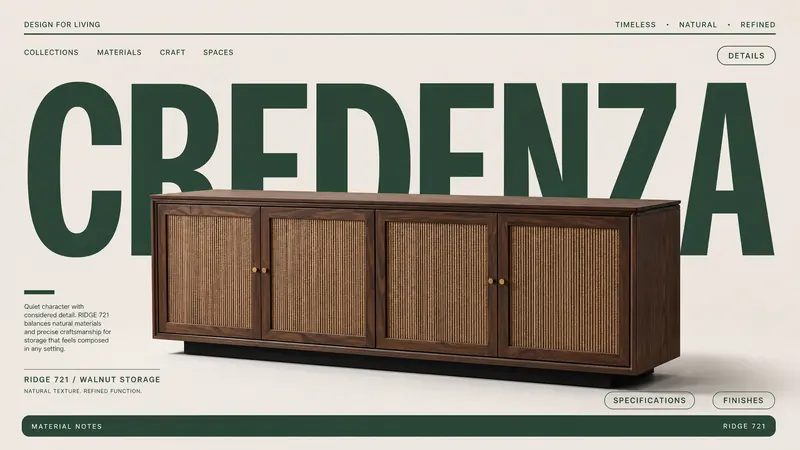 Quiet Luxury Furniture Nameplate Poster Style — example: Walnut Ridge Sideboard