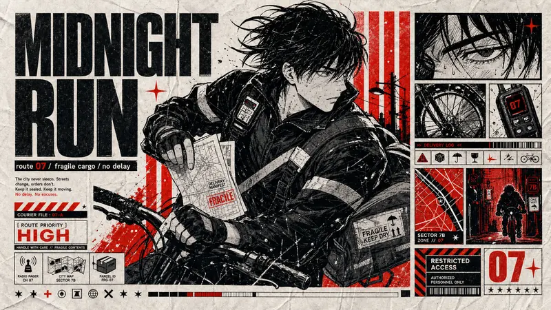 Red Black Manga Tabloid Poster Style — example: Night Courier Dossier