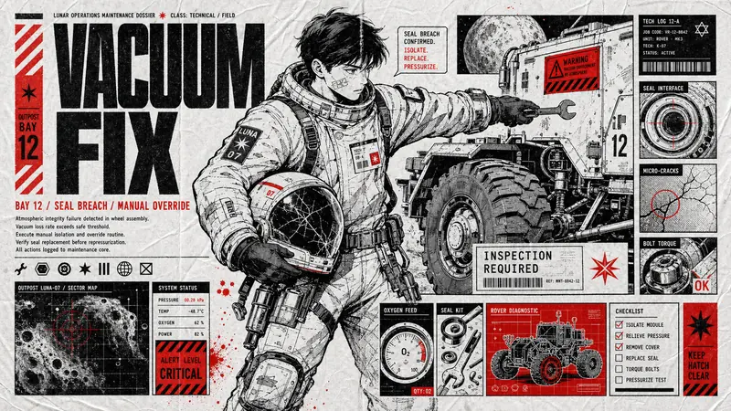 Red Black Manga Tabloid Poster Style — example: Lunar Mechanic Manual