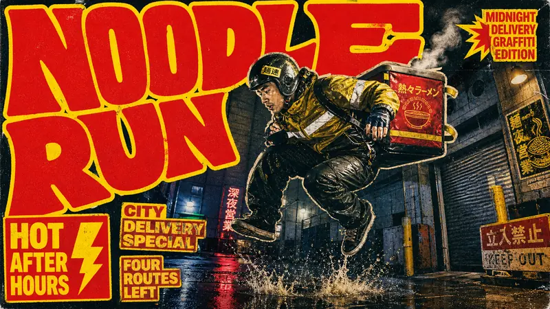 Red Yellow Grunge Skate Cover Style — example: Midnight Noodle Courier
