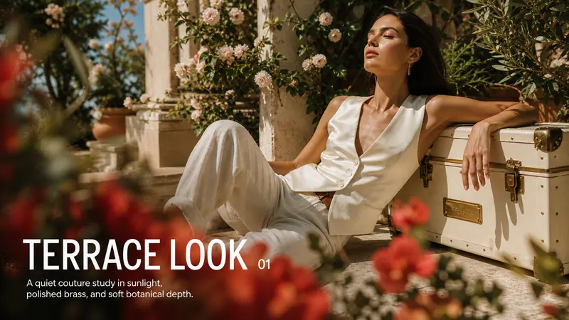 Sunlit Supermodel Nameplate Editorial — example: Terrace Trunk Nameplate
