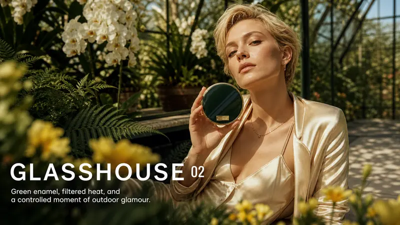 Sunlit Supermodel Nameplate Editorial — example: Greenhouse Compact Nameplate