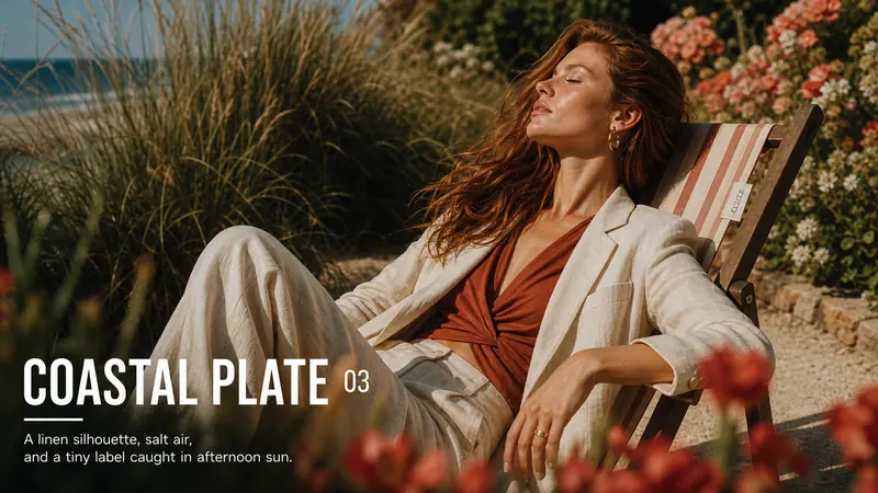 Sunlit Supermodel Nameplate Editorial — example: Seaside Chair Nameplate